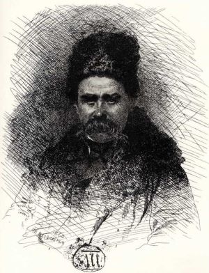 Taras Shevchenko. Self-portrait in a hat and coat. Paper, etching, 1860. (Тарас Шевченко. Автопортрет у шапці та кожусі. Папір, офорт, 1860.)