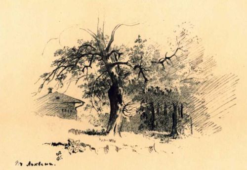 Taras Shevchenko. In Lykhvin. Paper, ink, pen, sepia. 1859. (Тарас Шевченко. В Лихвині. Папір, туш, перо, сепія. 1859).