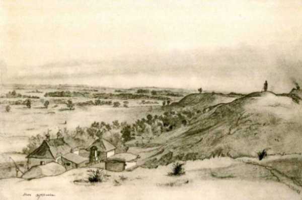 Taras Shevchenko. View of Village on the Orelya River. Pencil. 1845 (Тарас Шевченко. На Орелі (село). Олівець. 1845).