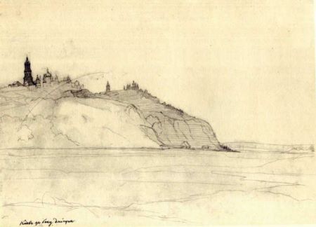 Taras Shevchenko. Kyiv from the Dnipro river. Unfinished picture. Pencil on paper (27,7 × 38,3 cm). Kyiv. May – September 1843. Taras Shevchenko National Museum, inv. number g – 611. 