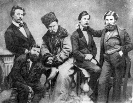 The last years of Taras Shevchenko's life, part of the biography written by C. H. Andrusyshen, Taras Shevchenko. Self-portrait, 1861, Taras Shevchenko among friends. Photo.